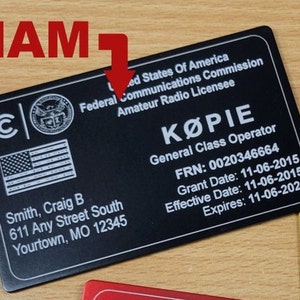 ALUMINUM 2 Sided FCC Ham & GMRS License Reference Copy Card Amateur Radio and General Mobile Radio on one card Black