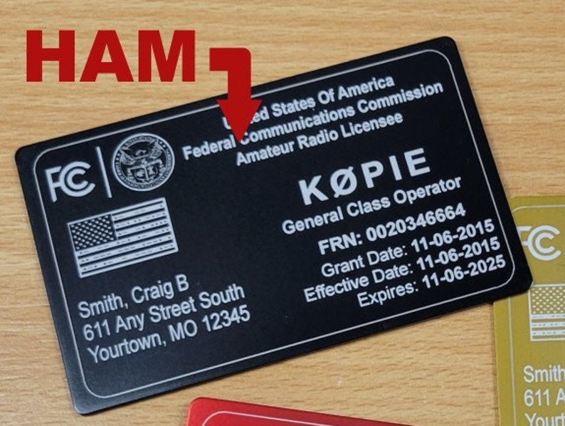 ALUMINUM 2 Sided FCC Ham & GMRS License Reference Copy Card Amateur Radio and General Mobile Radio on one card Black