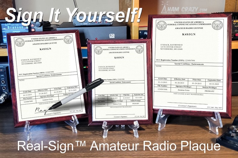 May include: Three wooden framed plaques with a dark wood finish. Each plaque features a white document with the text "United States of America Federal Communications Commission Amateur Radio License" and the call sign "K4SIGN". The plaques are on clear acrylic stands. The text "Real-Sign&trade; Amateur Radio Plaque" is at the bottom of the image.