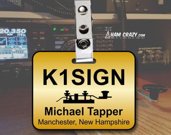 CW Key Ham Radio Name Badge with Callsign - Square with Clip - Amateur Radio