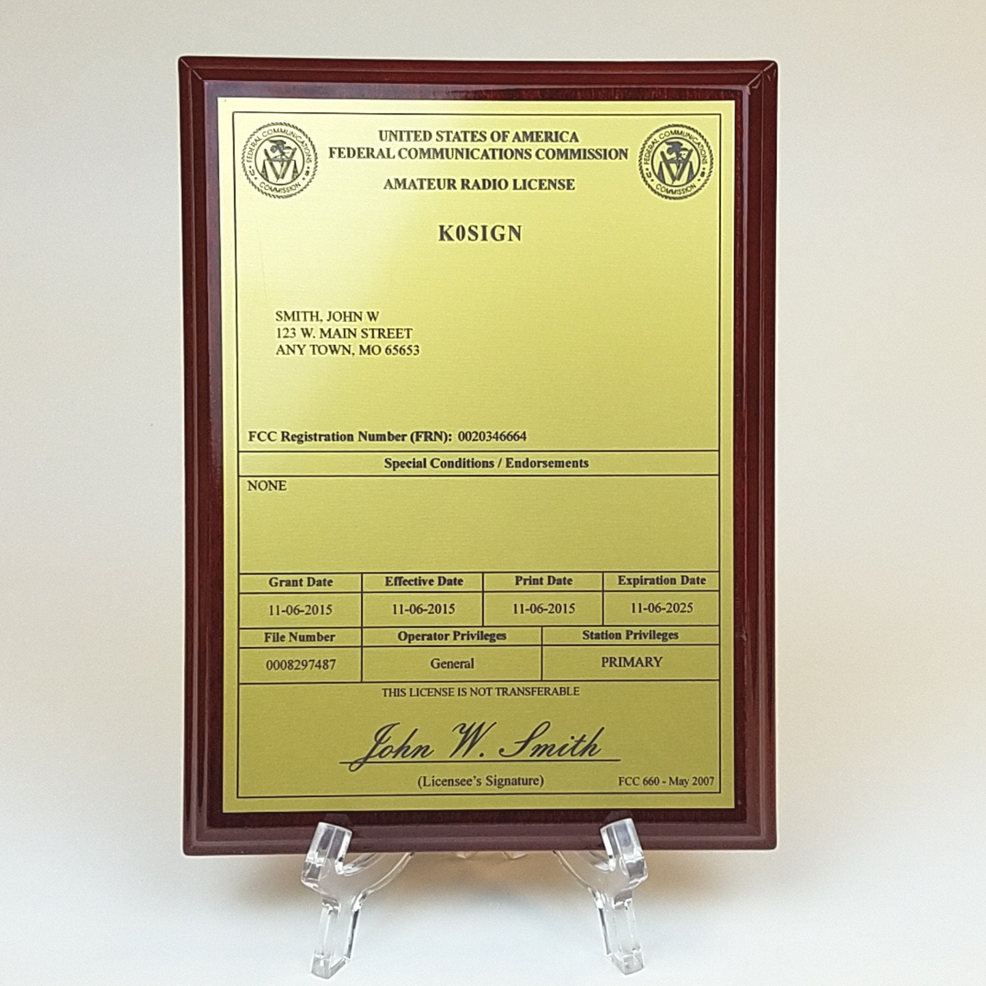 Amateur Radio License Plaque Gold and Black on Mahogany hq picture