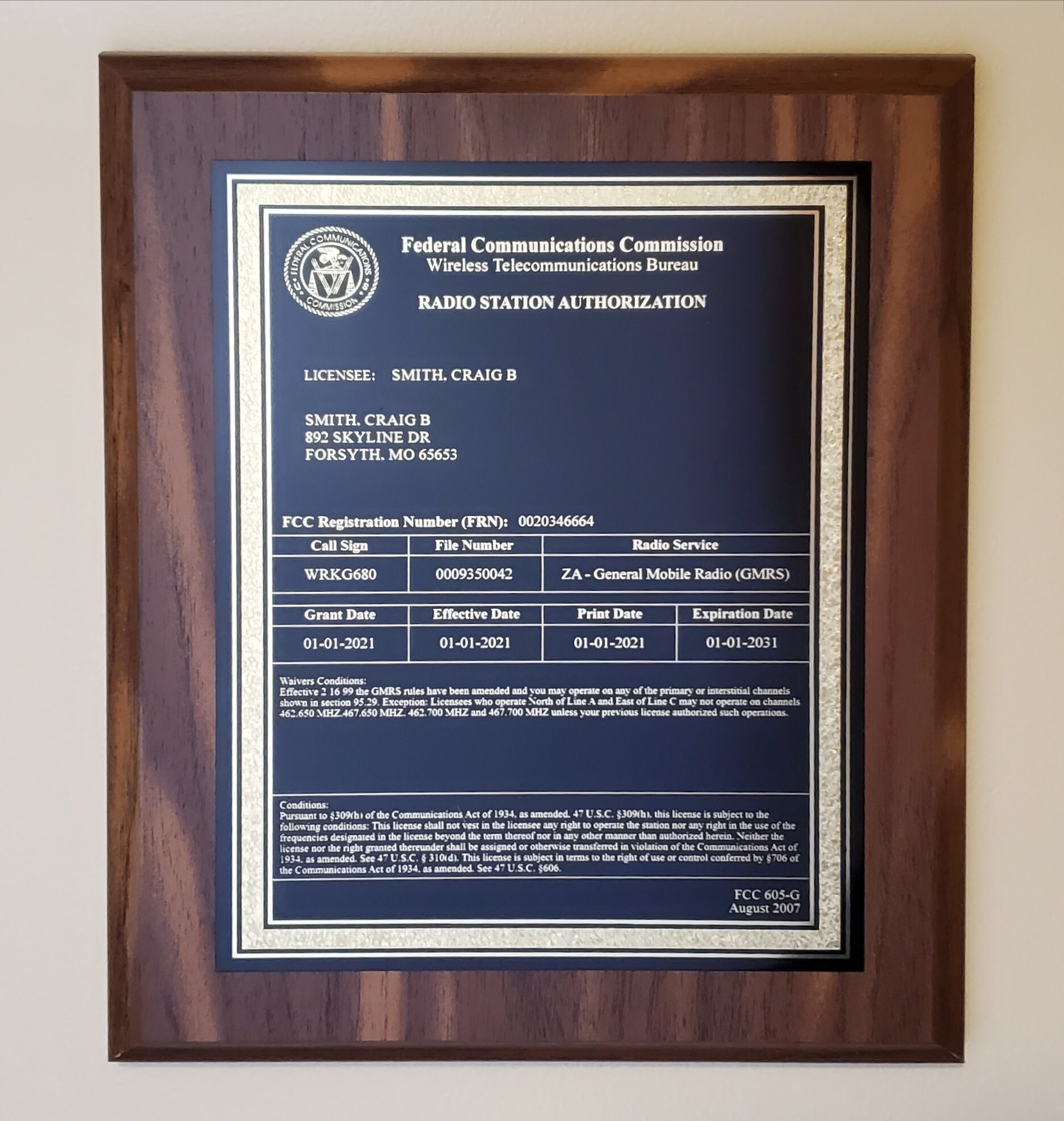 Laser Engraved FCC GMRS License Plaque for General Mobile