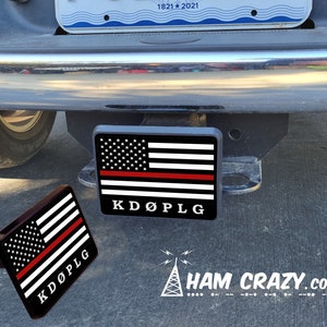 Ham Radio Call Sign Hitch Cover American Flag & Firefighter Red Line