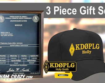 Ham Radio Call Sign Hat, Name Badge & Walnut FCC License Plaque Gift Set