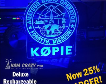 Round Logo - Ham Radio Lighted On Air Callsign Display LED - Amateur Radio Operator NOW 25% LARGER - Includes Deluxe Rechargeable Base!