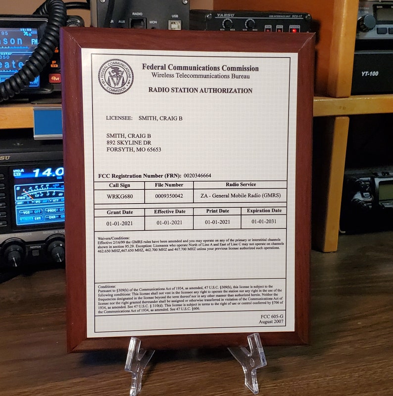FCC GMRS License Plaque for General Mobile Radio Service Etsy