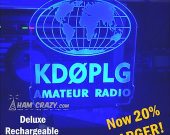 Ham Radio Lighted Globe Callsign Display LED - Amateur Radio Operator NOW 20% LARGER - Includes Deluxe Rechargeable Base!