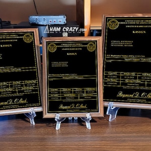 Amateur Radio License Plaque - Black & Gold on Walnut