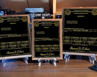 Amateur Radio License Plaque - Black & Gold on Walnut