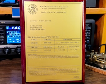 GMRS License Plaque - Gold & Black on Mahogany - General Mobile Radio Service License