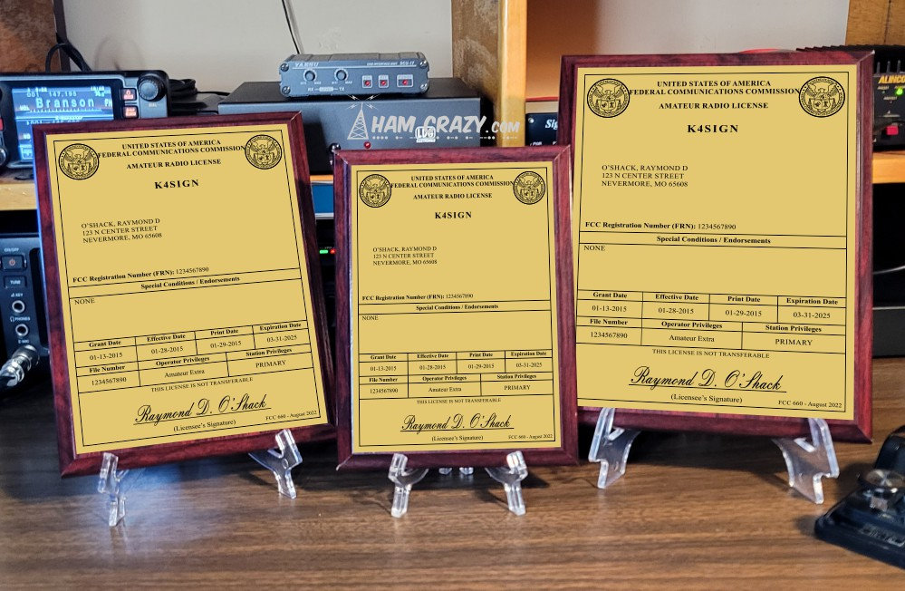 Amateur Radio License Plaque - Gold & Black on Mahogany - FCC Ham License