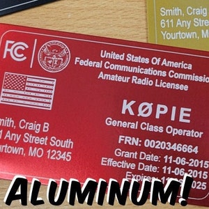 ALUMINUM 2 Sided FCC Ham & GMRS License Reference Copy Card Amateur Radio and General Mobile Radio on one card Red