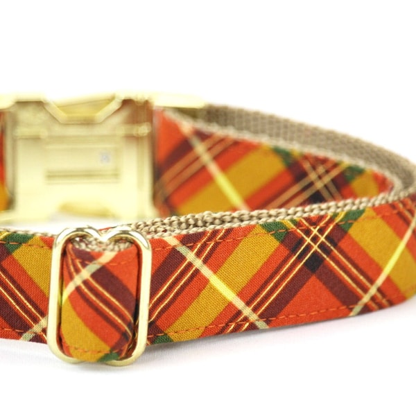 Fall Plaid Dog Collar - Brown Autumn Pumpkin Spice -  with Gold Tone Metal Buckle