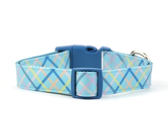 Spring Dog Collar - Pastel Blue Plaid - Easter