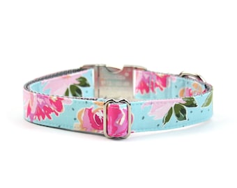 Blue Floral Dog Collar - Pink Peony - with Metal or Plastic Buckle