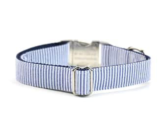 Nautical Striped Dog Collar - Blue and White Seersucker