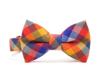 Fall Plaid Dog Bow Tie Collar - Orange and Blue - Flannel Check Bowtie