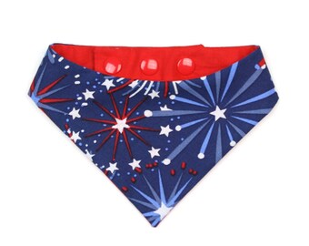 Firework Dog Bandana - Patriotic - 4th of July - Red White and Blue - Contour Quick Snap Bib Style Bandanna