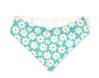 Daisies Dog Bandana - White Floral on Seafoam Green - Cat Bandanna - Contour Quick Snap Bib Style Kerchief