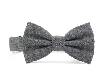 Wedding Dog Bow Tie Collar - Linen Chambray - Graphite Black -  with Metal Buckle