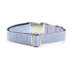Nautical Striped Dog Collar - Blue and White Seersucker