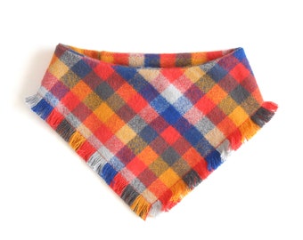 Plaid Flannel Dog Bandana - Fall Fringed Bandanna - Orange and Blue - Contour Quick Snap Bib Style - Frayed