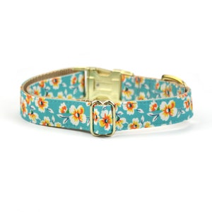 Blue Floral Dog Collar - Teal and Orange - with metal or plastic buckle