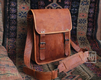 FHT Camel Leather Messenger Bag Shoulder Satchel 9"x11"