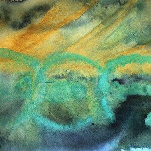 May include: Abstract watercolor painting with shades of green, blue, and yellow. The painting features a layered effect with overlapping colors and textures.