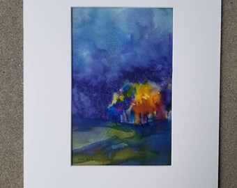 Yellow trees, original Watercolor mixed media, matted