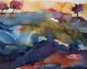 Original Watercolor Landscape, Abstract Landscape, Large Watercolor, Contemporary Art, Fine Art, Gold and Blue, Tree Painting, Quilted Dusk