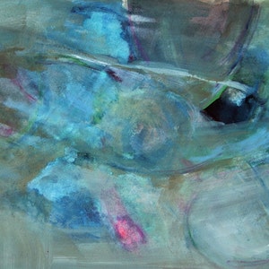 May include: Abstract painting with swirling blue, green, and gray hues. The painting has a soft, ethereal feel and evokes a sense of movement and fluidity.