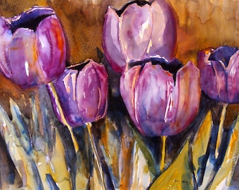Tulips, Large Original Watercolor Painting, Wall Art, Purple and Gold, Floral