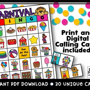 Carnaval Bingo | Circus Bingo | Verjaardagsfeestje Game | Verjaardagsspel | Direct downloaden | Bingokaarten voor 30 | Kinderfeestspel