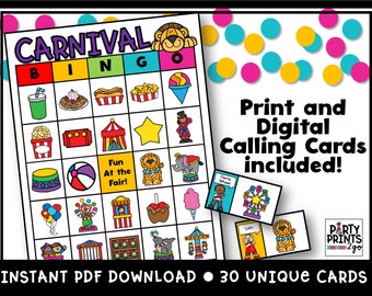 Carnival Bingo | Circus Bingo | Birthday Party Game | Birthday Game | Instant Download | Bingo Cards for 30 | Kid's Party Game