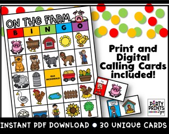 Farm Bingo | Farm Animals | Bingo Cards for 30 | Birthday Game | Instant Download | Kid's Birthday Game | Kid's Party Game