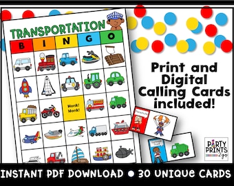 Transportation Bingo | Printable Bingo Cards | Bingo Cards for 30 |  Party Activity | Baby Shower Game | Kid’s Party Game