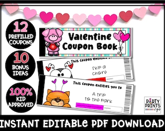 Printable Valentine’s Day Coupon Book | Editable Valentine Coupons | Customizable Coupon Book | Kids & Easy Valentines | Coupons for Kids