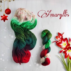 Hand Dyed Yarn Assigned color Pooling- Amaryllis-  fingering to worsted weight choose your base- green red white Christmas