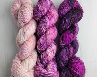 RTS - ready to ship- set of 3 hand dyed yarn- Superwash Merino nylon high twist 2 ply fingering weight raspberry mocha truffle cream pink