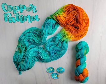 Copper Patina - Hand Dyed Variegated assigned color pooling Yarn - fingering to worsted weight choose base aqua turquoise with orange pop