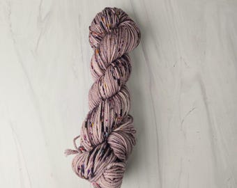 RTS Ready to Ship - W93 Worsted yarn base -exact skein shown - 100g 219 yards ultra fine SW Merino-  warm brown with purple rainbow speckles