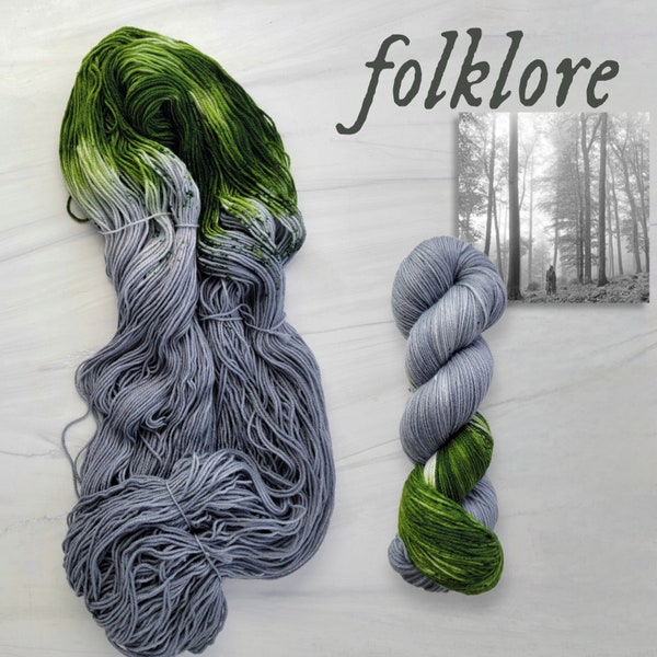 Folklore - Hand Dyed Variegated Yarn - fingering to worsted choose your base light grey moss green assigned pooling - Taylor Swift inspired