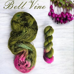 Bell Vine - Variegated assigned pooling Yarn Hand dyed - Fingering to worsted weight -choose your base dyed to order moss green pink