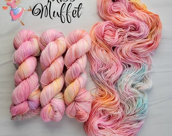 Miss Muffet - Hand Dyed Variegated Yarn- fingering lace worsted - choose your base lullaby nursery rhyme collection -pastel pink orange