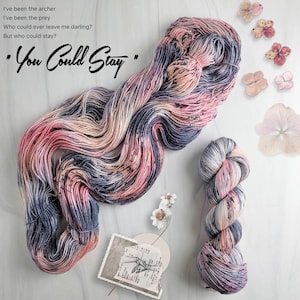 You Could Stay - Hand Dyed speckled Variegated Yarn - lace fingering worsted dk or bulky yarn- pink peach grey colors speckled black
