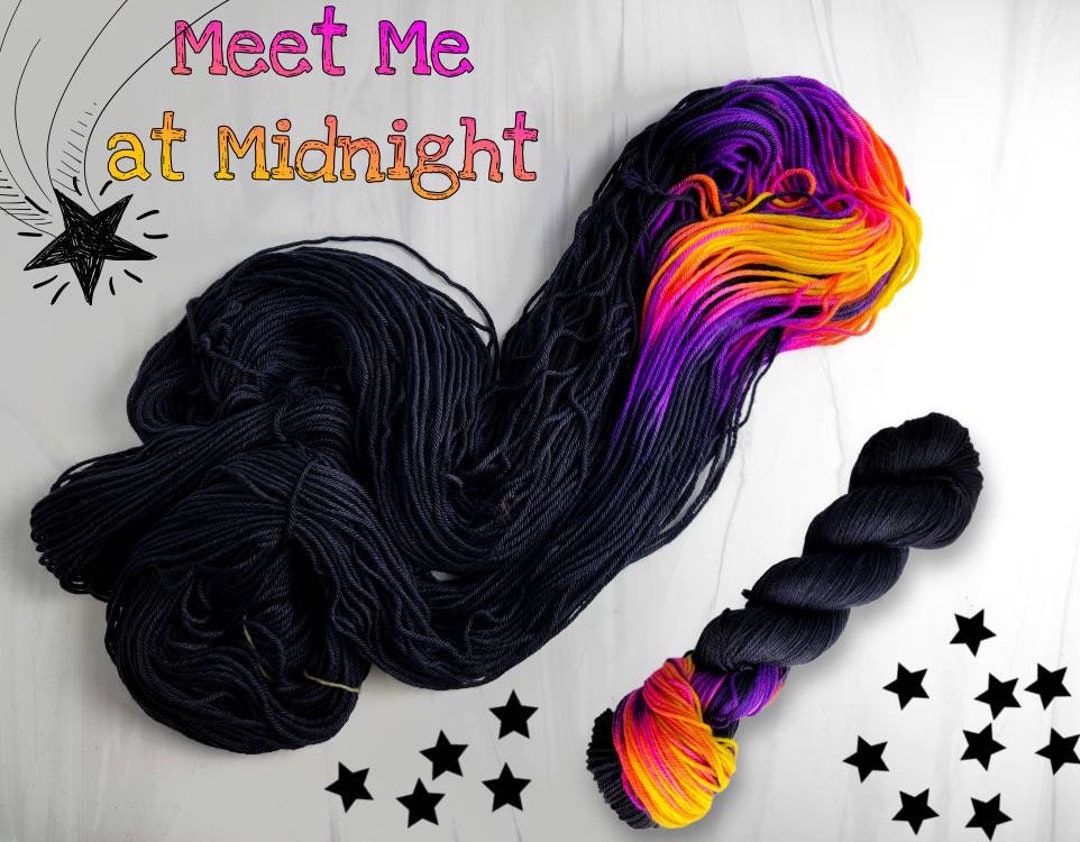 Meet Me at Midnight - Hand Dyed Variegated Yarn - fingering to worsted choose your base - black with a pop of purple Neon pink and yellow