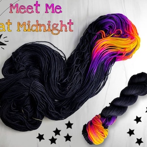 Meet Me at Midnight - Hand Dyed Variegated Yarn - fingering to worsted choose your base - black with a pop of purple Neon pink and yellow