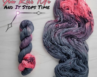 You Kiss Me And It Stops Time- Hand Dyed Assigned color pooling variegated Yarn - lace fingering worsted dk or bulky yarn-  pink grey