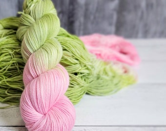 Petal - choose your base- fingering sock dk sport worsted bulky- SW Merino - pastel pink with spring green palindrome